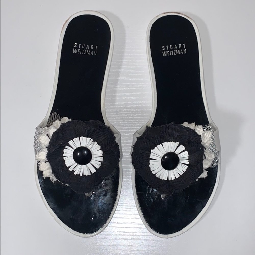 Stuart Weitzman Black and White Floral Slide Sandals
